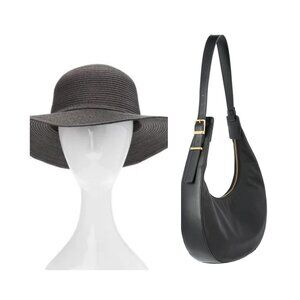Time and Tru Hobo Shoulder Strap Handbag + Wide Brim Straw Hat Black (2 in 1)